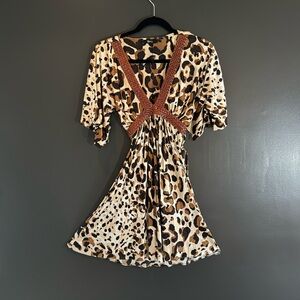 Sky Animal Print Silk Dress w/braided leather trim